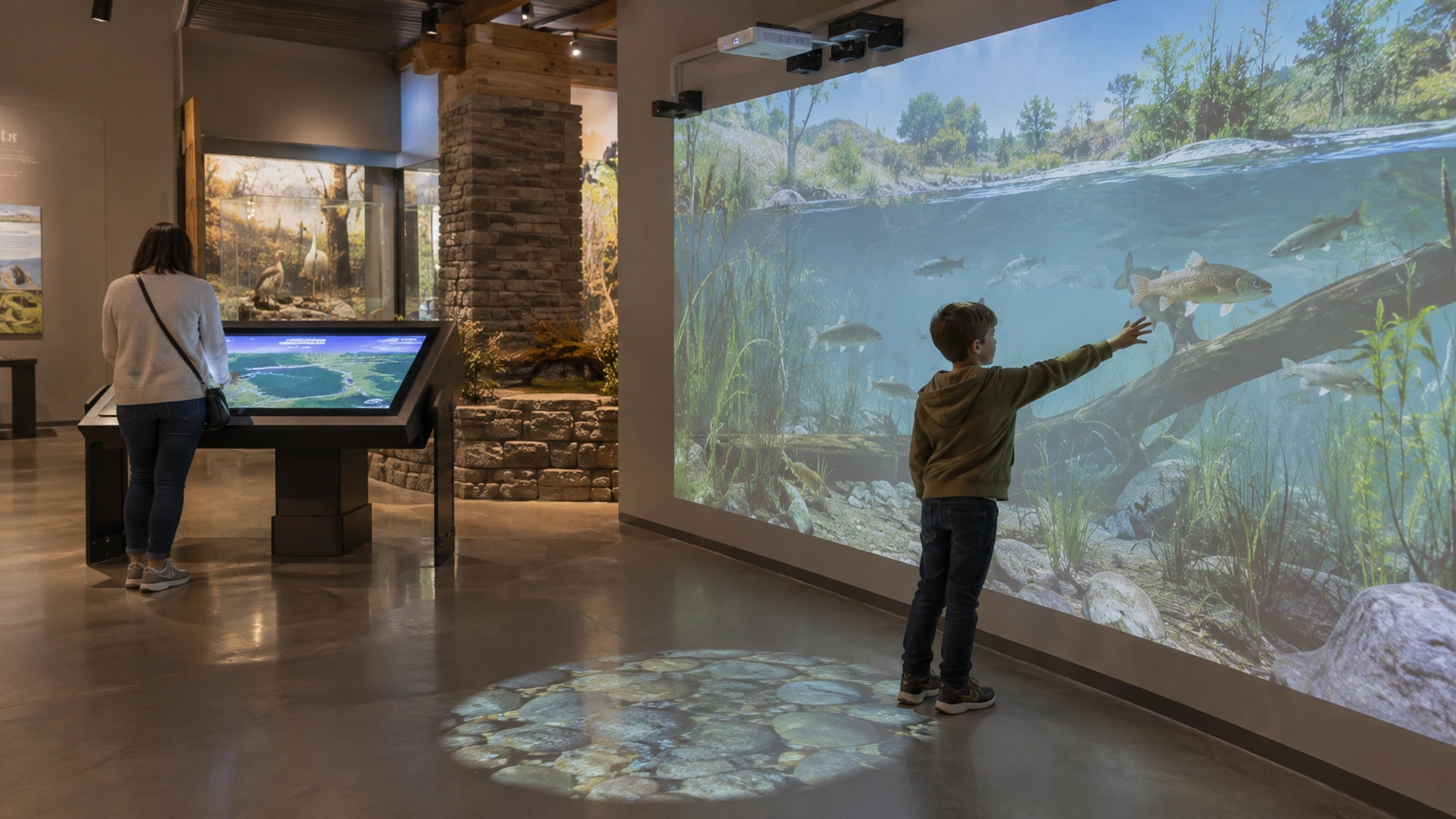Digital & Multimedia Interactives in a modern children's museum or science center AI concept illustration — Digital & Multimedia Interactives in a modern children's museum or science center