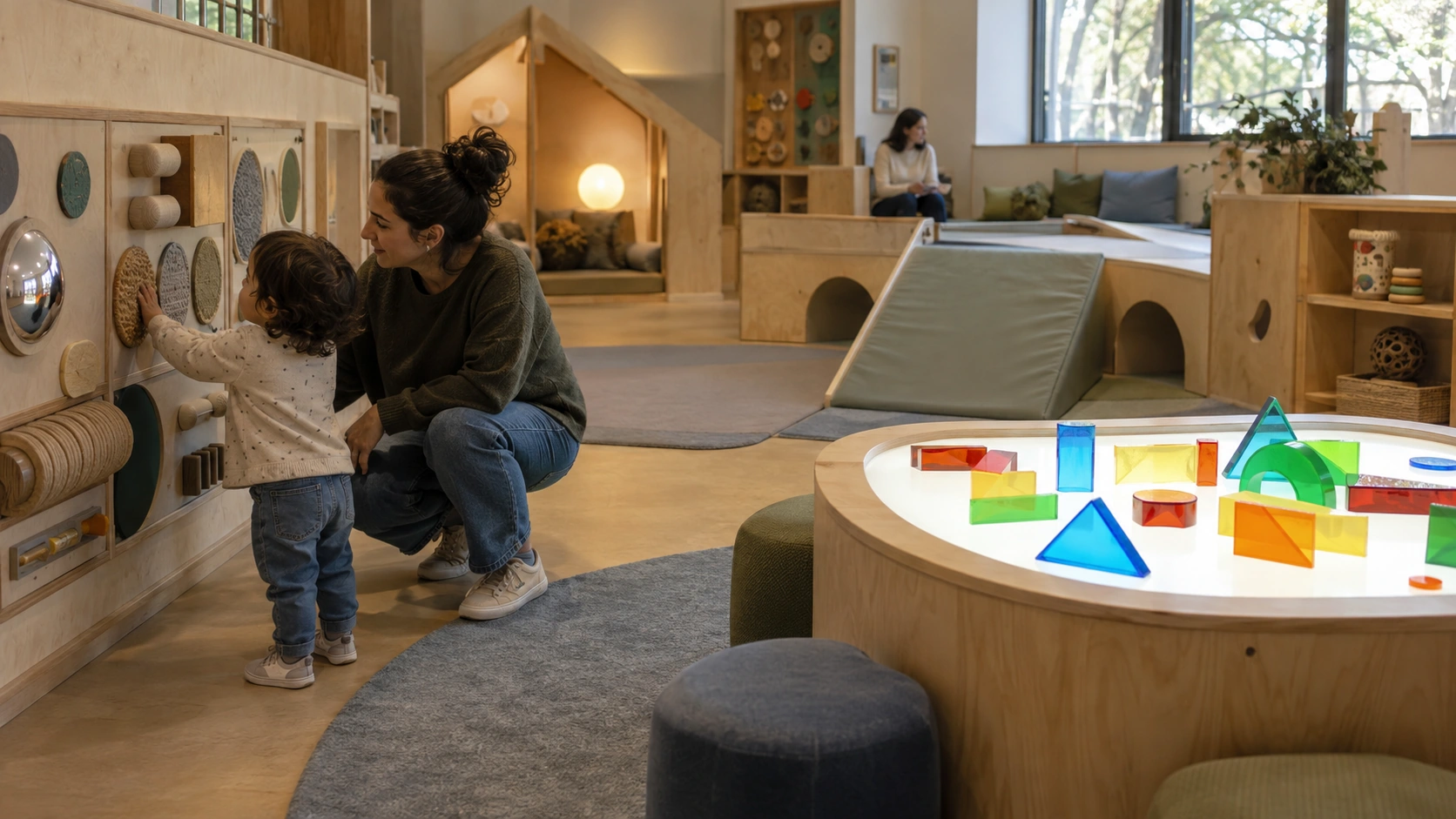 Early Childhood & Sensory Learning in a modern children's museum or science center AI concept illustration — Early Childhood & Sensory Learning in a modern children's museum or science center