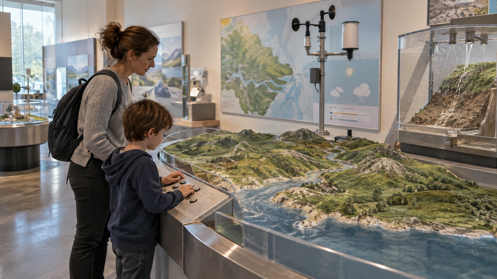 Earth, Environment & Climate in a modern children's museum or science center AI concept illustration — Earth, Environment & Climate in a modern children's museum or science center