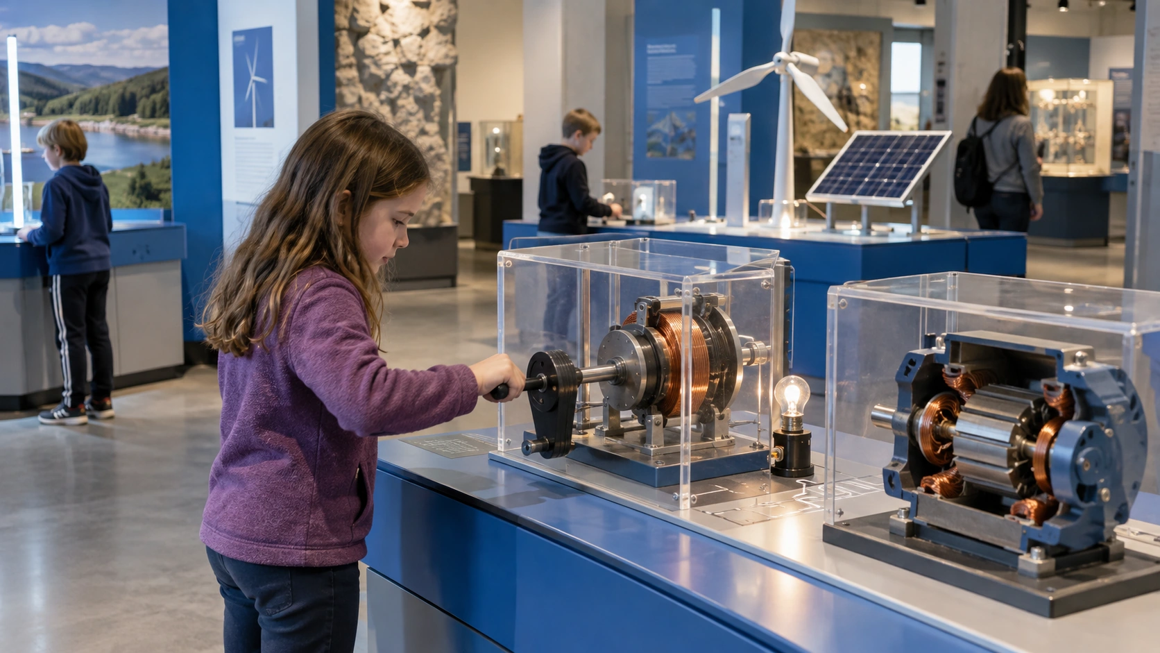 Electricity, Magnetism & Energy in a modern children's museum or science center AI concept illustration — Electricity, Magnetism & Energy in a modern children's museum or science center