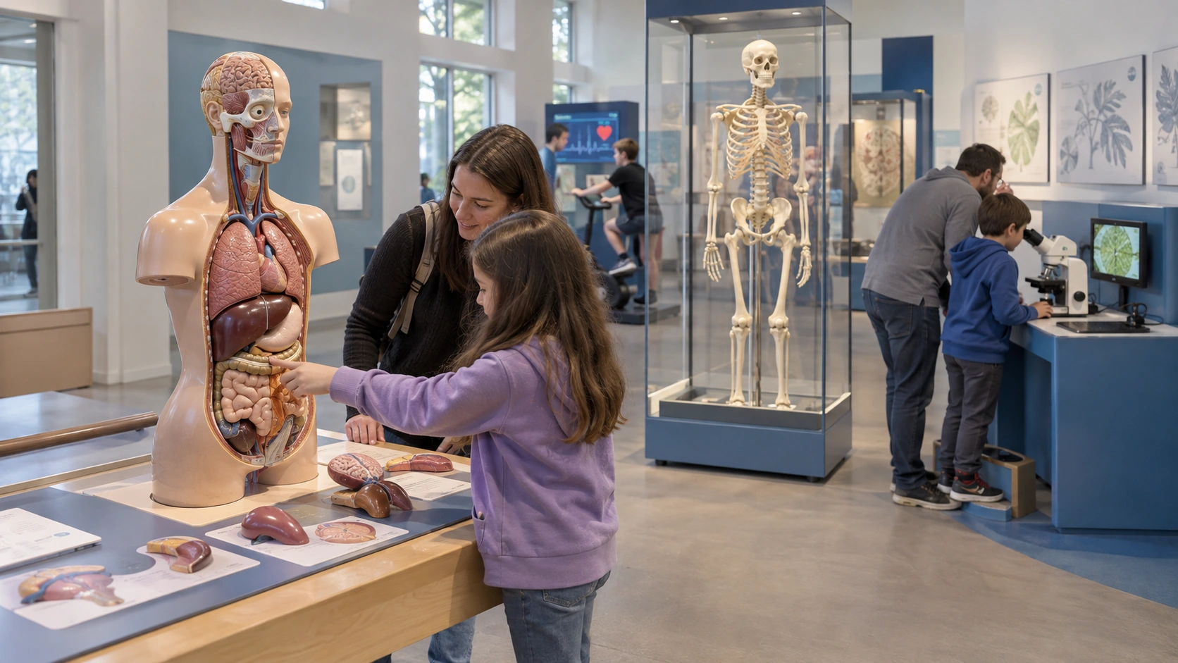 Life Science & Human Body in a modern children's museum or science center AI concept illustration — Life Science & Human Body in a modern children's museum or science center