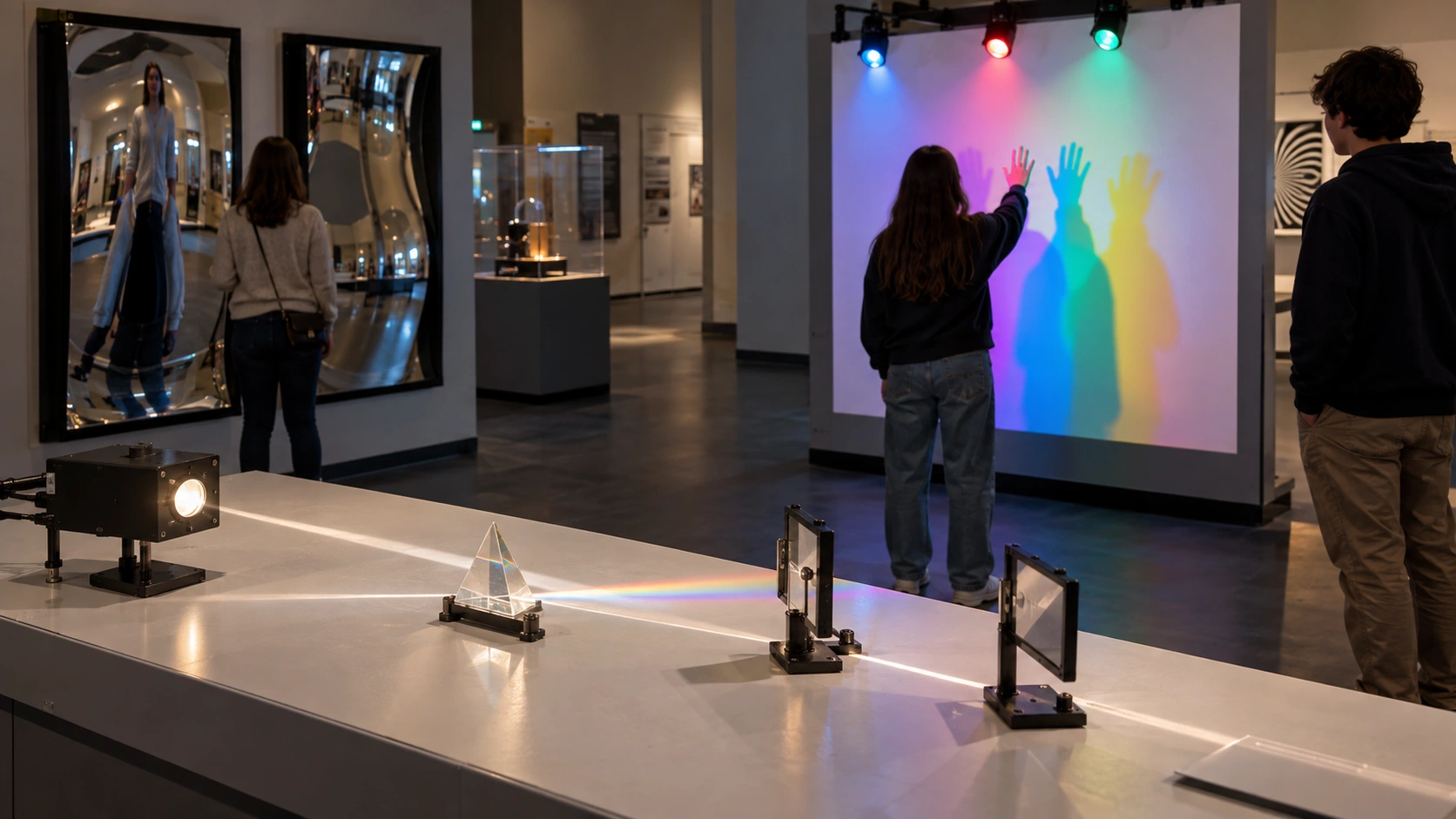 Light, Optics & Perception in a modern children's museum or science center AI concept illustration — Light, Optics & Perception in a modern children's museum or science center