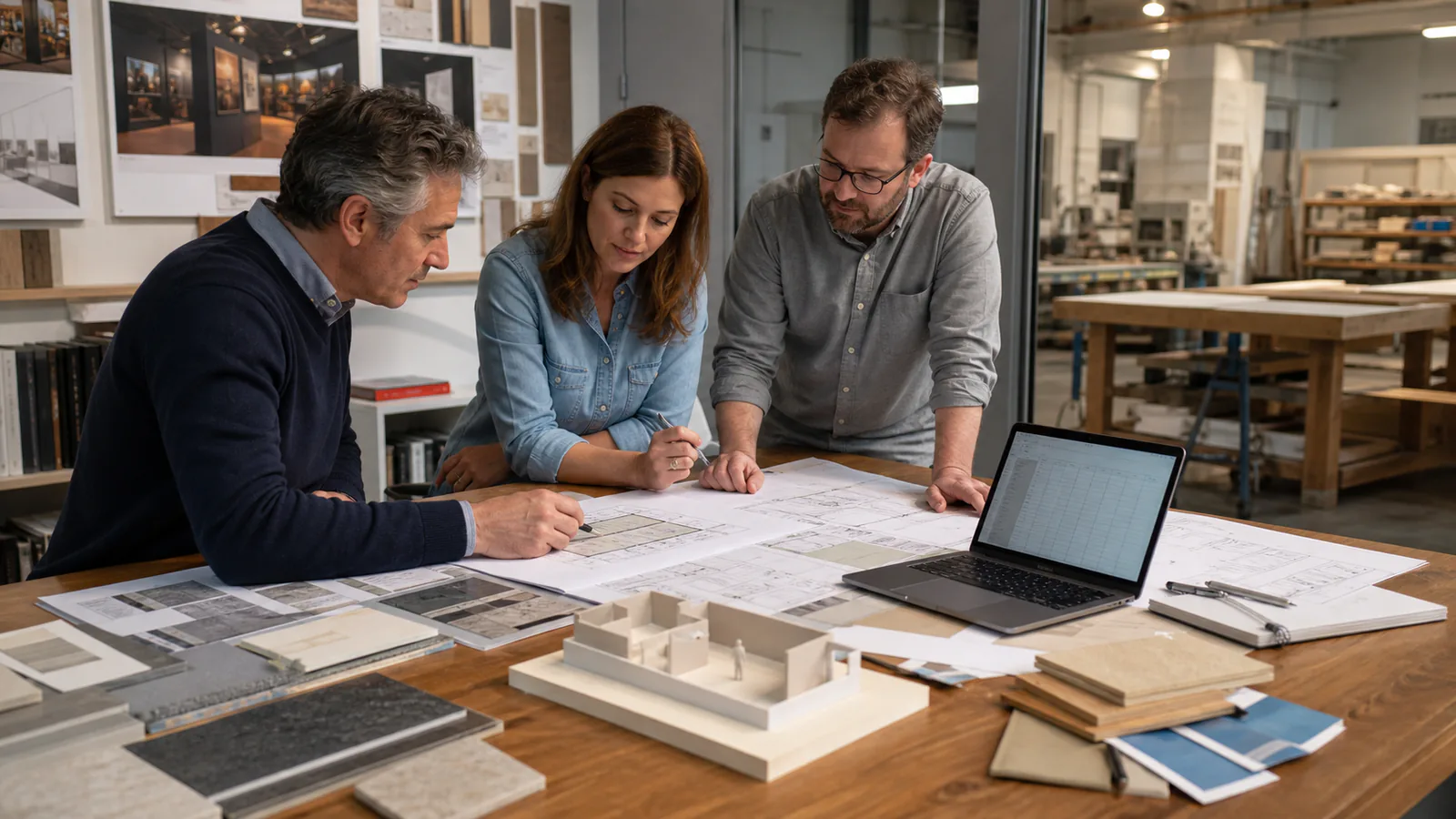Preparing scope and cost information for a museum exhibit fabrication quote Project team reviewing museum plans, material samples and quotation information