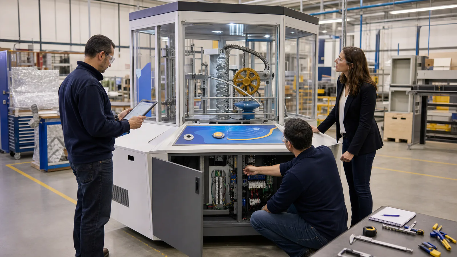 Factory acceptance testing before museum exhibit packing and shipment Engineers inspecting the mechanism and electrical cabinet of an interactive museum exhibit