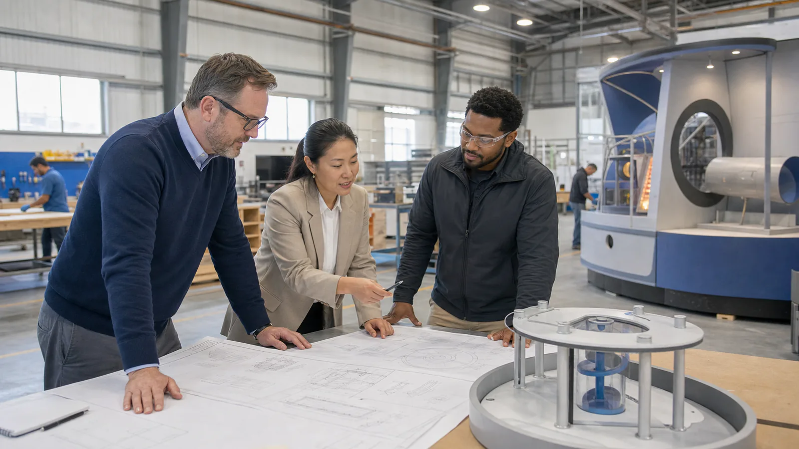 Evaluating a museum exhibit manufacturer and production partner Project team reviewing museum exhibit engineering drawings beside a fabrication workshop