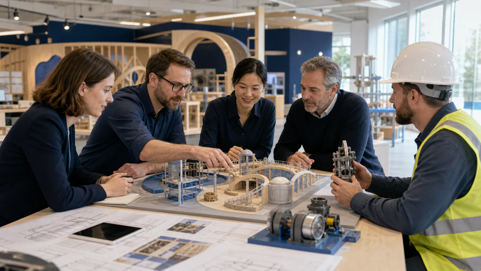Design and fabrication specialists checking a children's museum scale model and mechanical components