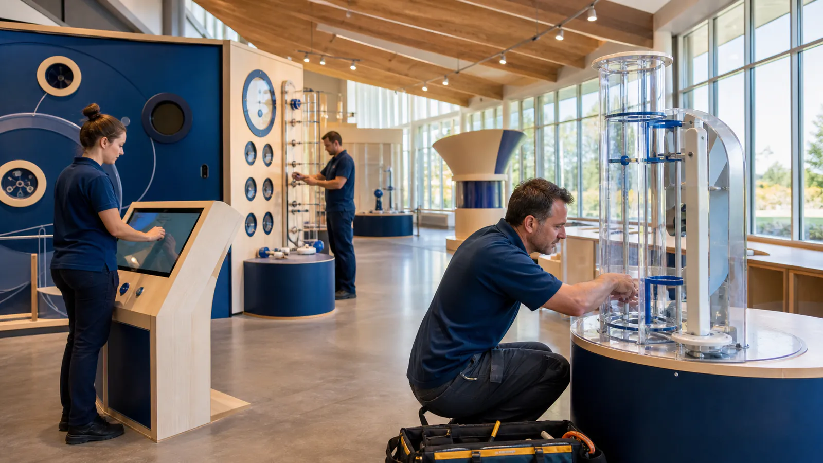 Technicians checking interactive exhibits in a bright children's museum gallery before opening