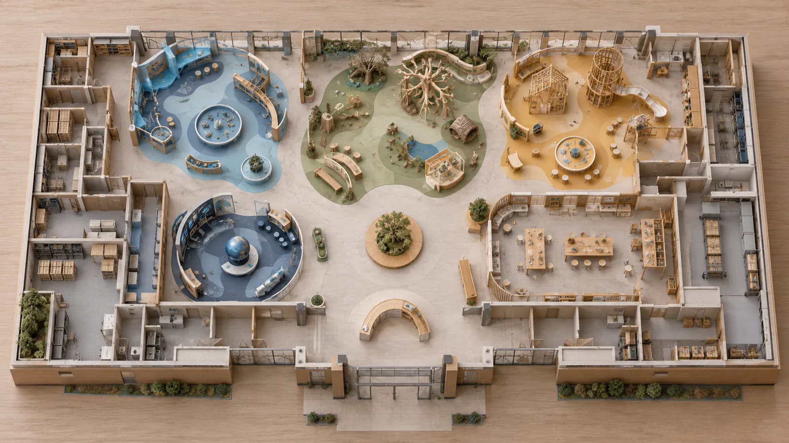 Top-down conceptual museum model showing galleries, workshop, entrance and perimeter support rooms