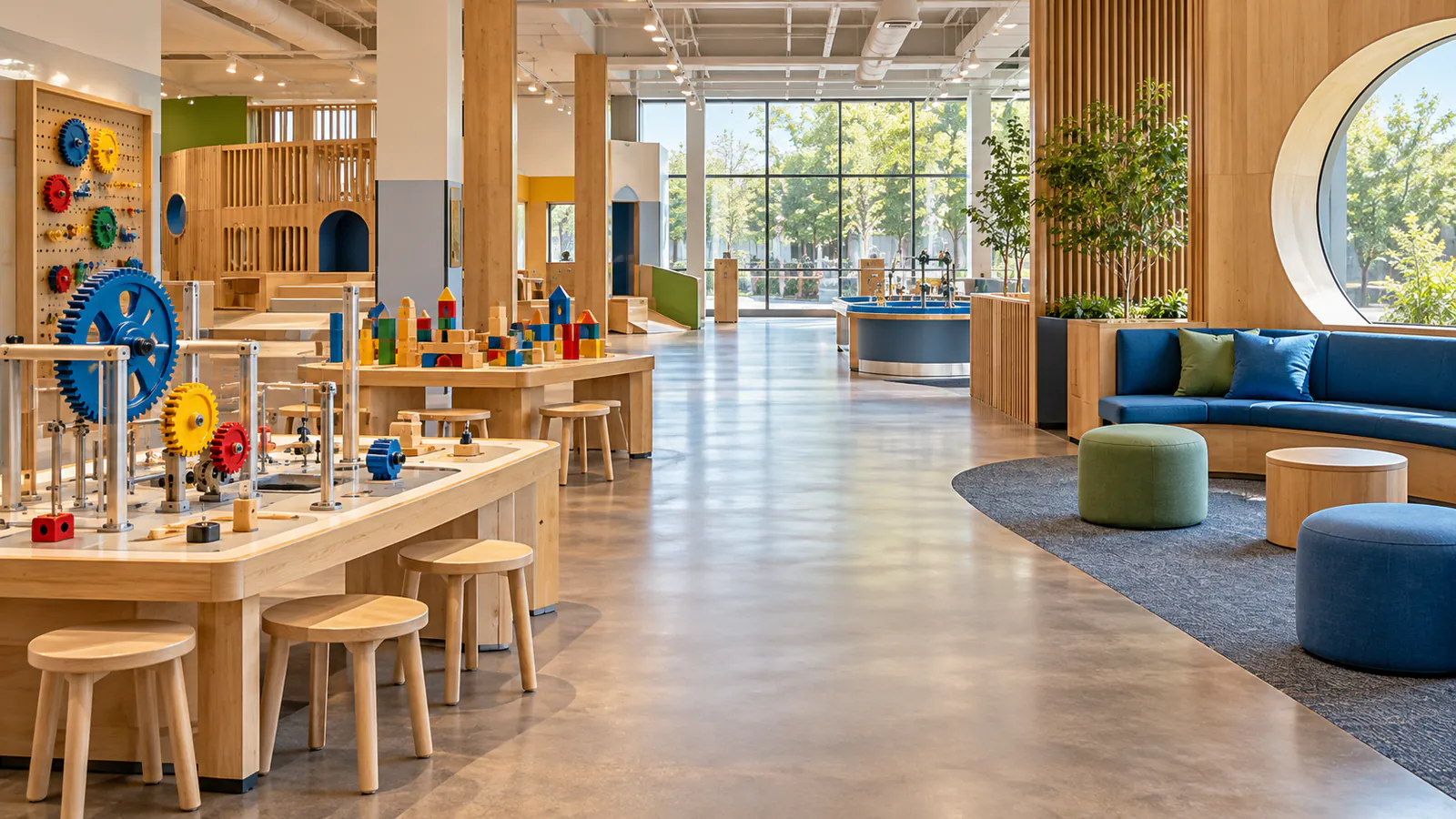 Conceptual children museum gallery with interactive tables, family seating and an open circulation route
