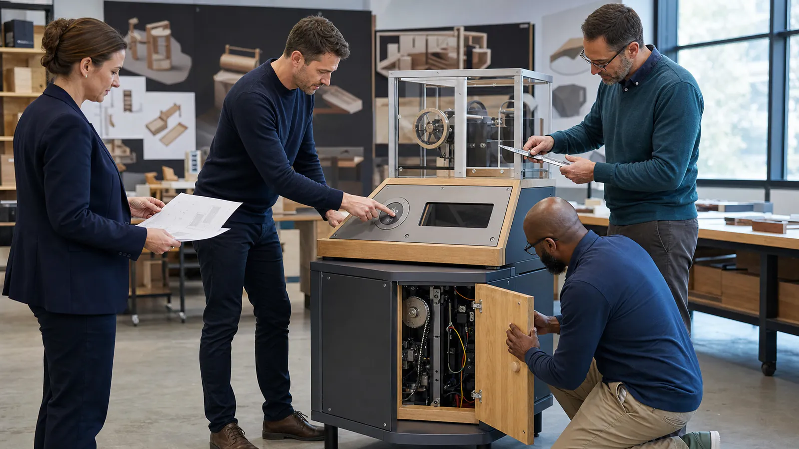 Museum design-to-fabrication prototype handoff review Museum exhibit designers and fabrication specialists reviewing a prototype mechanism, dimensions and service access