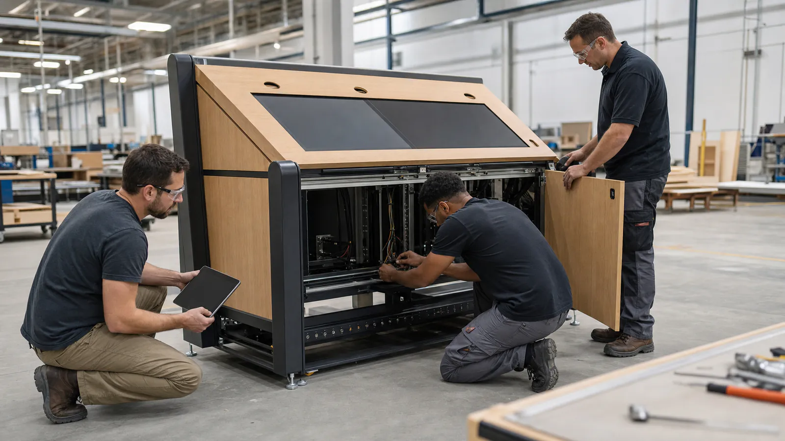Interactive museum exhibit assembly and interface inspection Fabrication technicians inspecting an interactive museum exhibit module, internal interfaces and service access