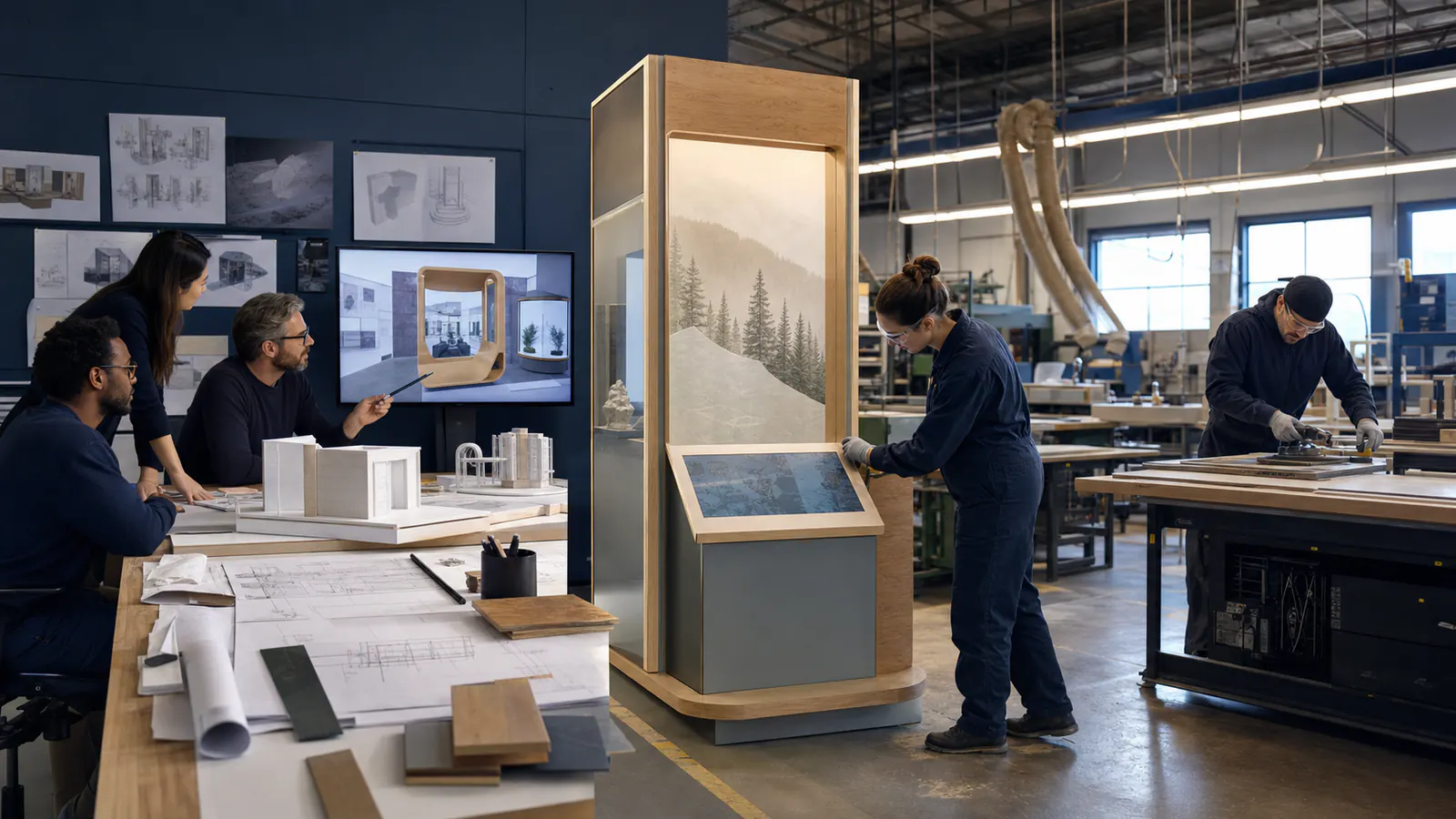 Museum exhibit manufacturer and design firm responsibility handoff Museum exhibit design team and fabrication specialists connected by a shared interactive exhibit prototype