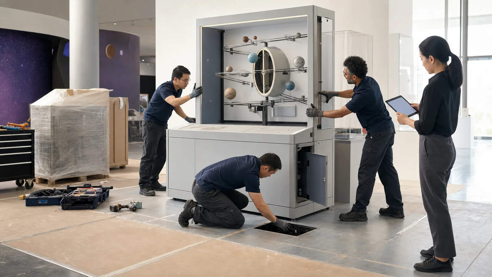 Museum exhibit installation and site interface check Museum installation team aligning an interactive exhibit and checking gallery interfaces