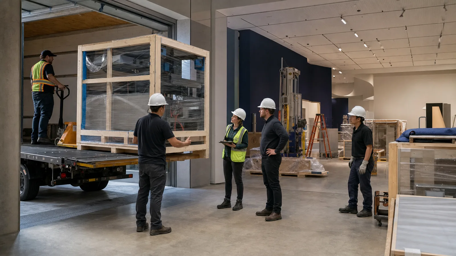 Museum exhibit shipping and installation handoff Museum exhibit crates arriving at a venue while an installation team coordinates the delivery handoff