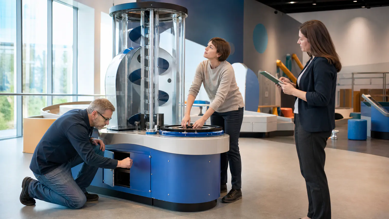 Interactive exhibit commissioning during museum opening preparation Technicians and educators commissioning interactive museum exhibits before public opening