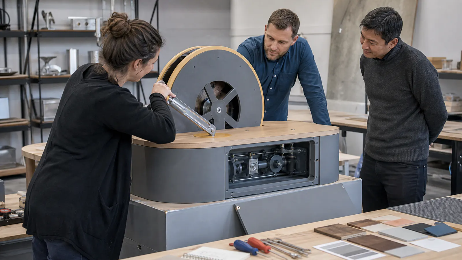 Museum representative and technical team reviewing the mechanism and service access of a science exhibit prototype