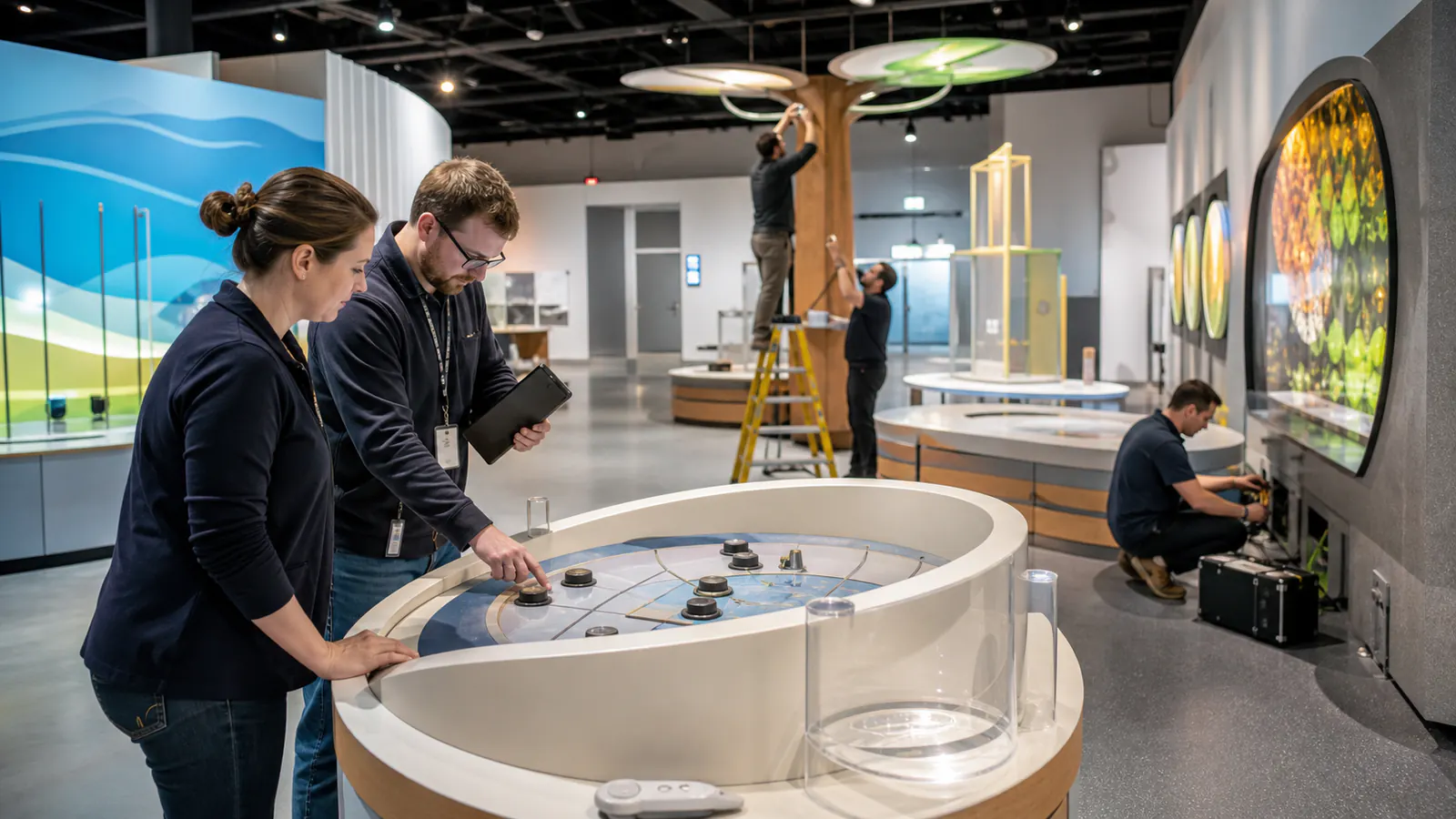 Engineers commissioning interactive science exhibits and checking visitor controls in a modern gallery