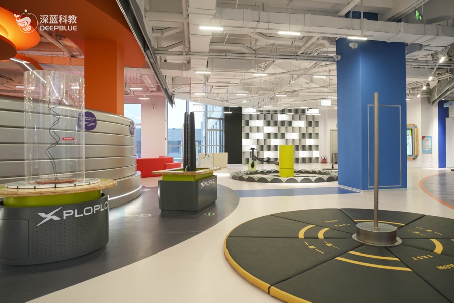 XPLOPLO second-floor science exhibit with bright themed equipment